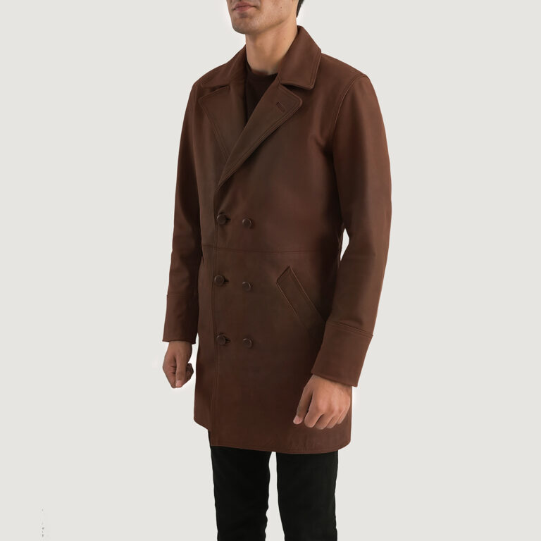 Mens Half Life Brown Leather Coat Side Pose-3-1701086946183